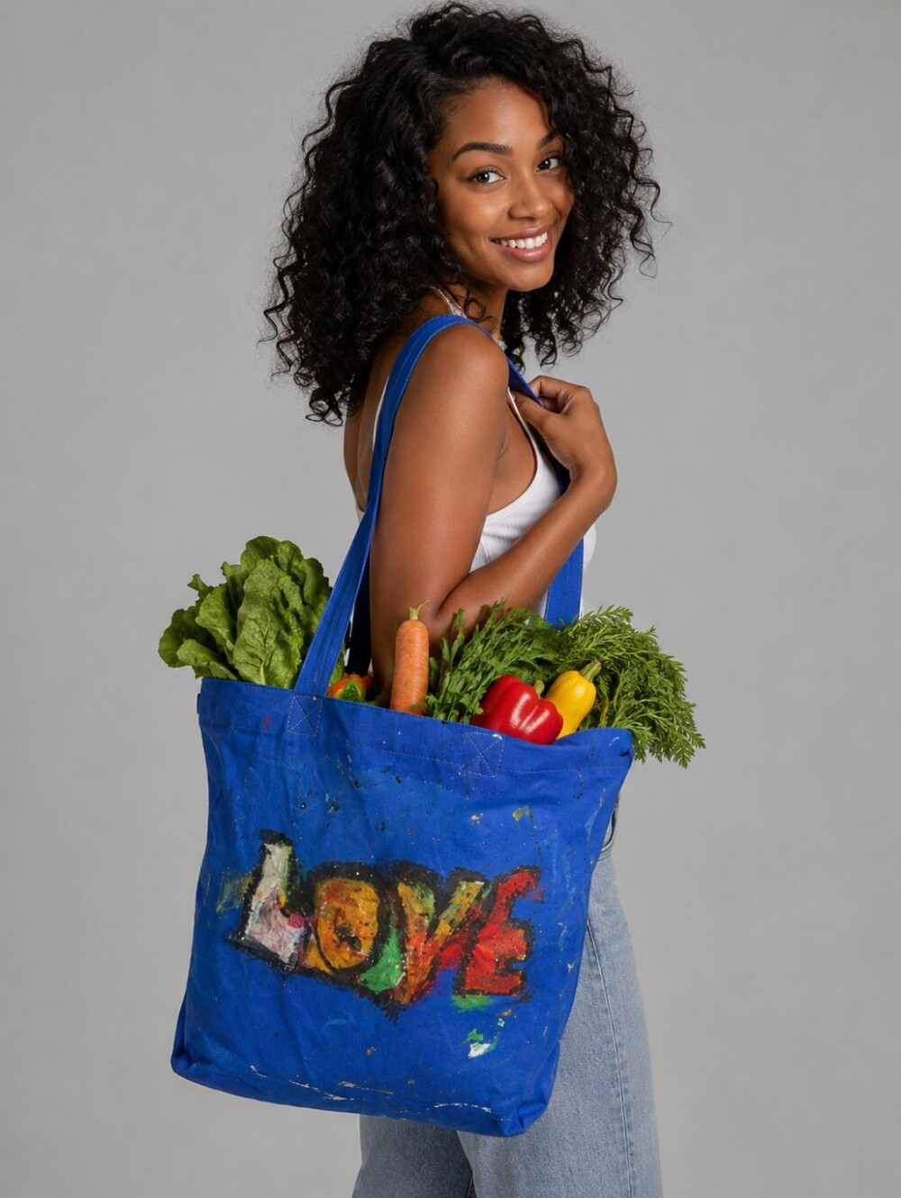 Vintage-Styled Blue Nylon “LOVE” Hand-Painted Folk Art Reusable Shopping Tote